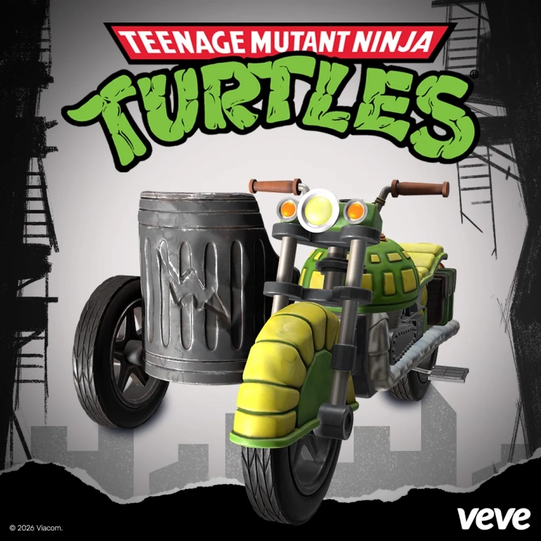 TMNT Turtle Cycle als VeVe Digital Collectible mit Motorrad, Mülleimer-Beiwagen und Turtles-Logo.