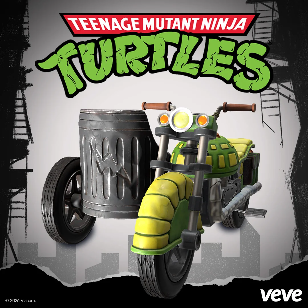 TMNT Turtle Cycle als VeVe Digital Collectible mit Motorrad, Mülleimer-Beiwagen und Turtles-Logo.