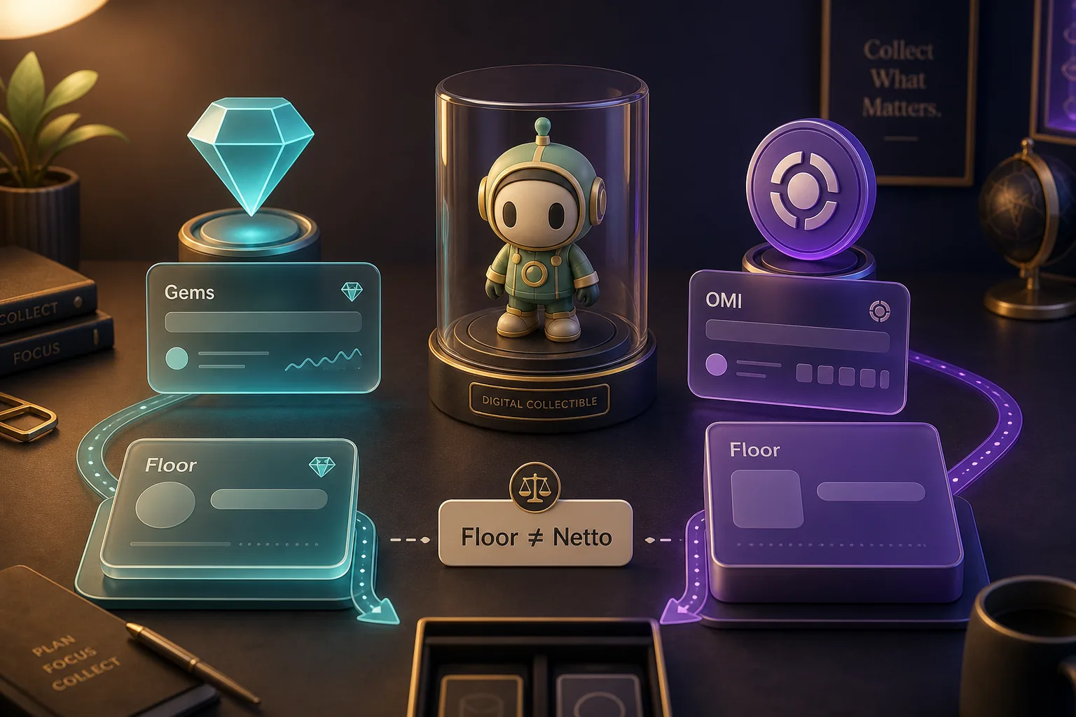 Geteilte 3D-Grafik mit Collectible, Gem-Pfad, OMI-Pfad und zwei Floor-Karten ohne Preisangaben.