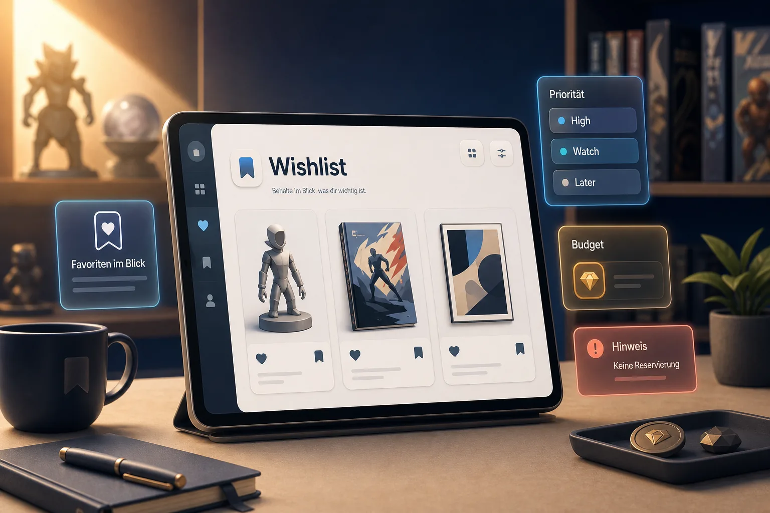 Tablet mit generischem Wishlist-Dashboard, Item-Karten, Prioritätschips und Hinweis „Keine Reservierung“ für VeVe