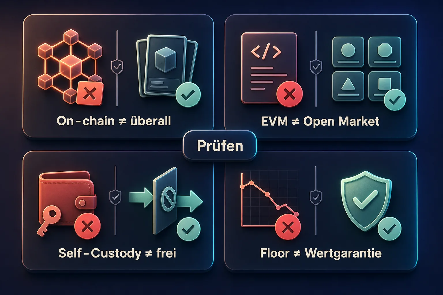 3D-Dashboard mit vier Karten zu On-chain, EVM, Self-Custody und Floor als Mythos-Fakt-Check für VeVe.