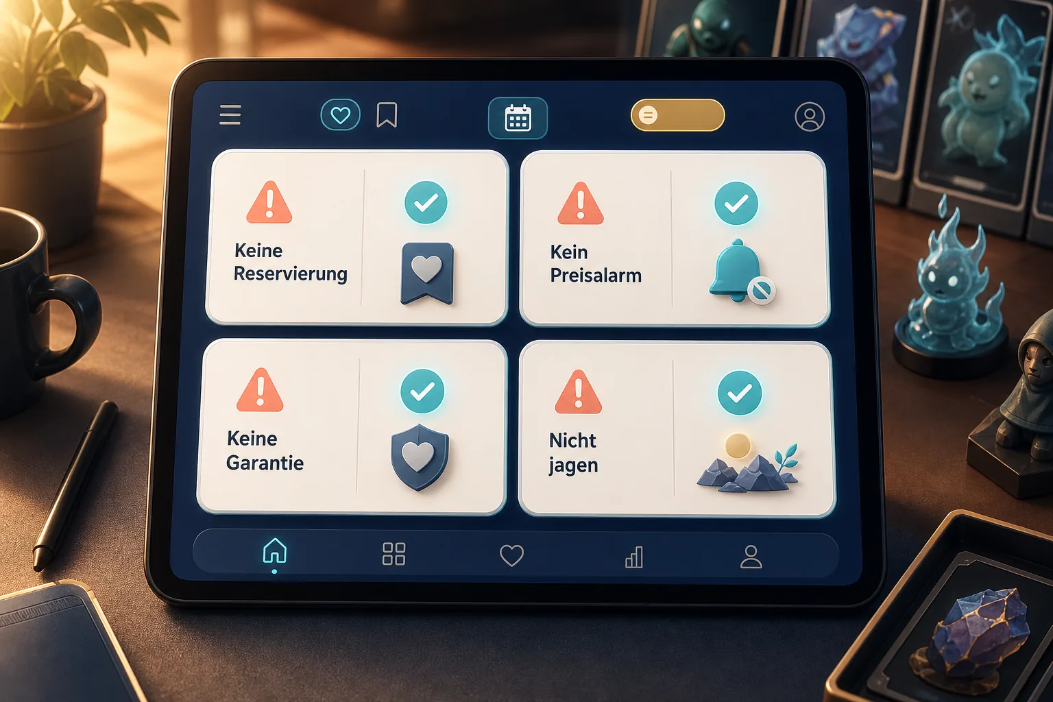 Tablet mit vier Mythos-Fakt-Karten zu VeVe Wishlist-Fehlern: keine Reservierung, kein Preisalarm, keine Garantie