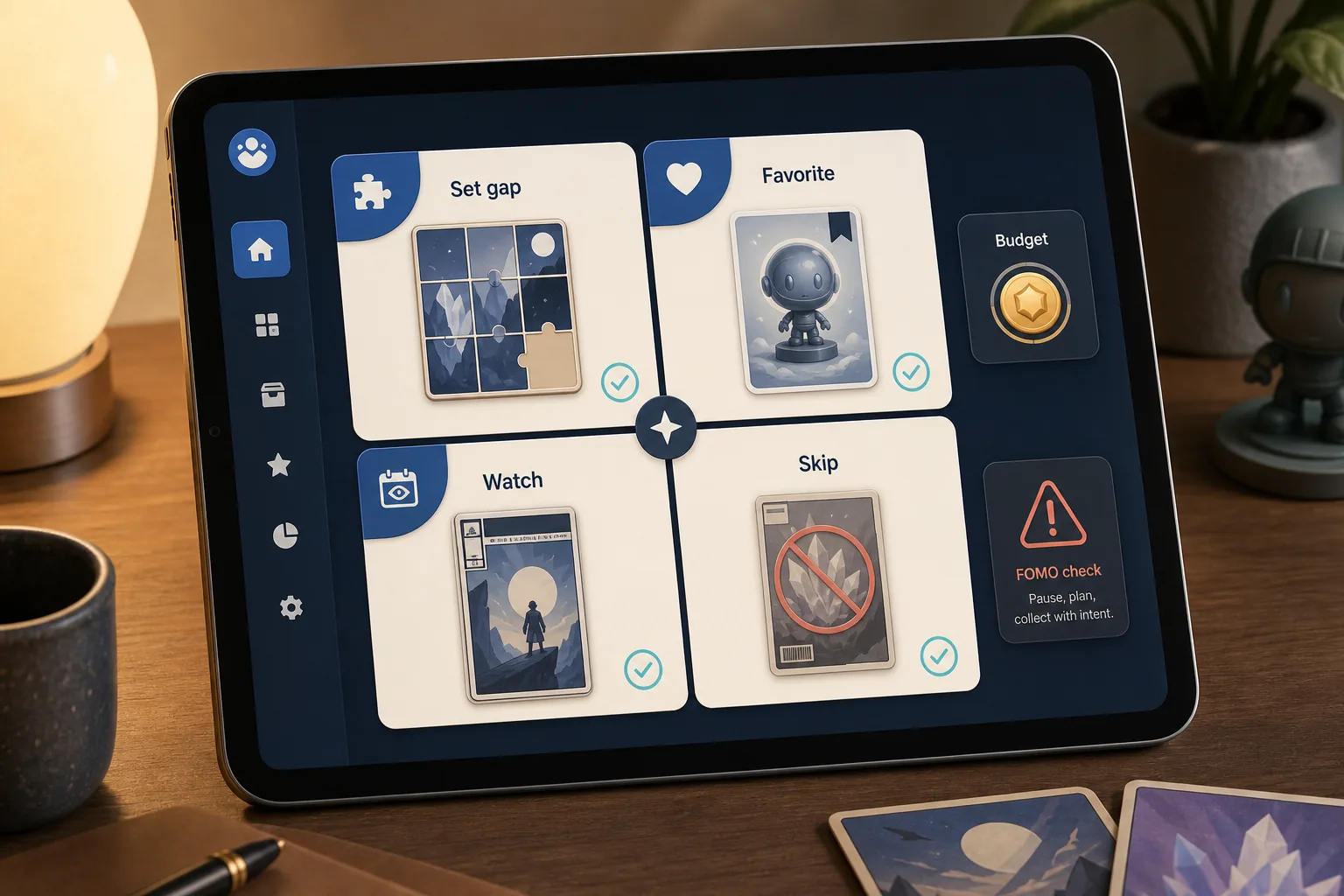 Tablet mit 2x2-Prioritätsmatrix für Set-Lücke, Lieblingsitem, Beobachten, Überspringen und Budget bei VeVe
