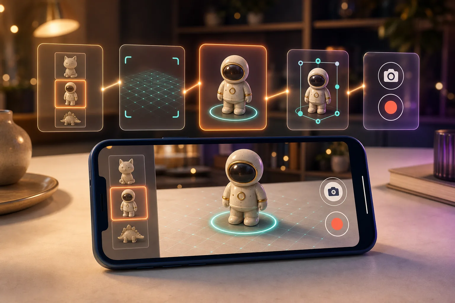 Smartphone zeigt eine Astronautenfigur in AR sowie Schritte für Auswahl, Flächenscan, Platzierung und Aufnahme