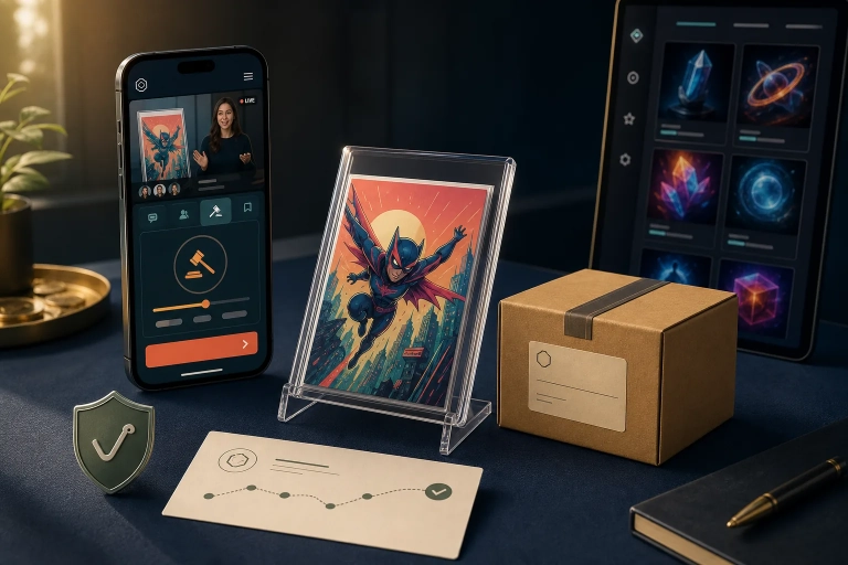 Smartphone showing a live auction, with a protected comic, shipping box and digital collection in the background.