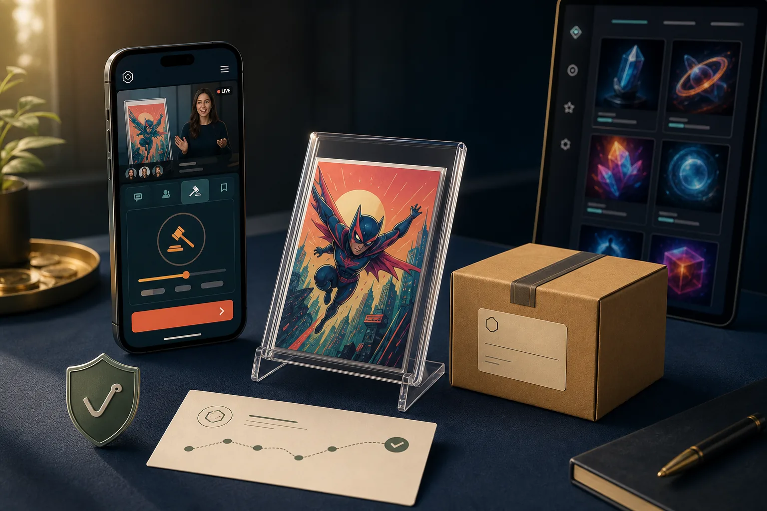 Smartphone showing a live auction, a protected comic, a shipping box, and a digital collection in the background.