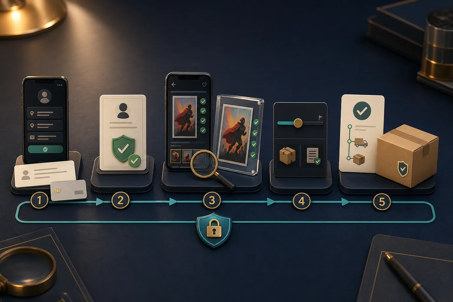 Five numbered steps showing account setup, profile verification, a comic listing, a budget limit, and package tracking.
