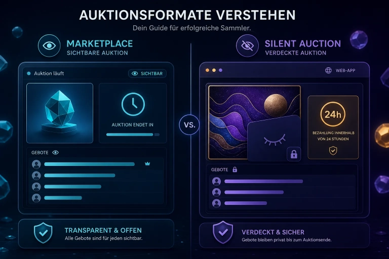 Geteiltes Auktions-Dashboard mit sichtbarer Marketplace-Karte und verdeckter Silent-Auction-Karte für VeVe