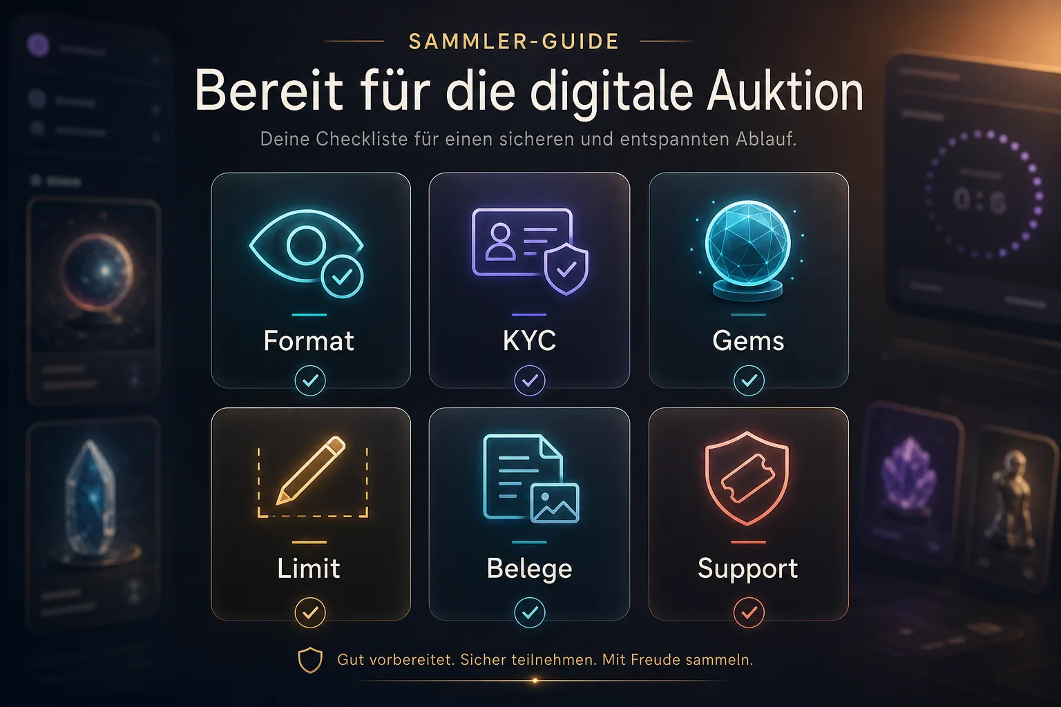 Sechs schwebende Checklistenkarten zu Format, KYC, Gems, Limit, Belegen und Support vor einer VeVe Auktion