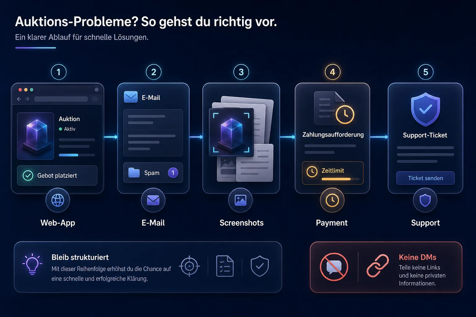 Troubleshooting-Flow mit Web-App, E-Mail, Screenshots, Payment, Support und Warnung vor DMs bei VeVe