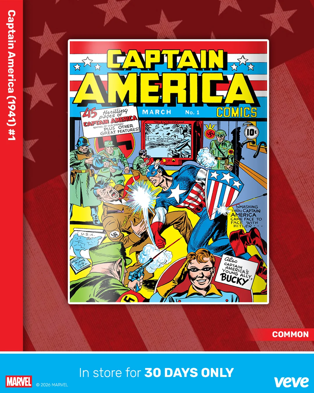 Common Cover von Captain America Comics (1941) #1 als digitaler Marvel-Comic auf VeVe vor rotem Sternenmuster.