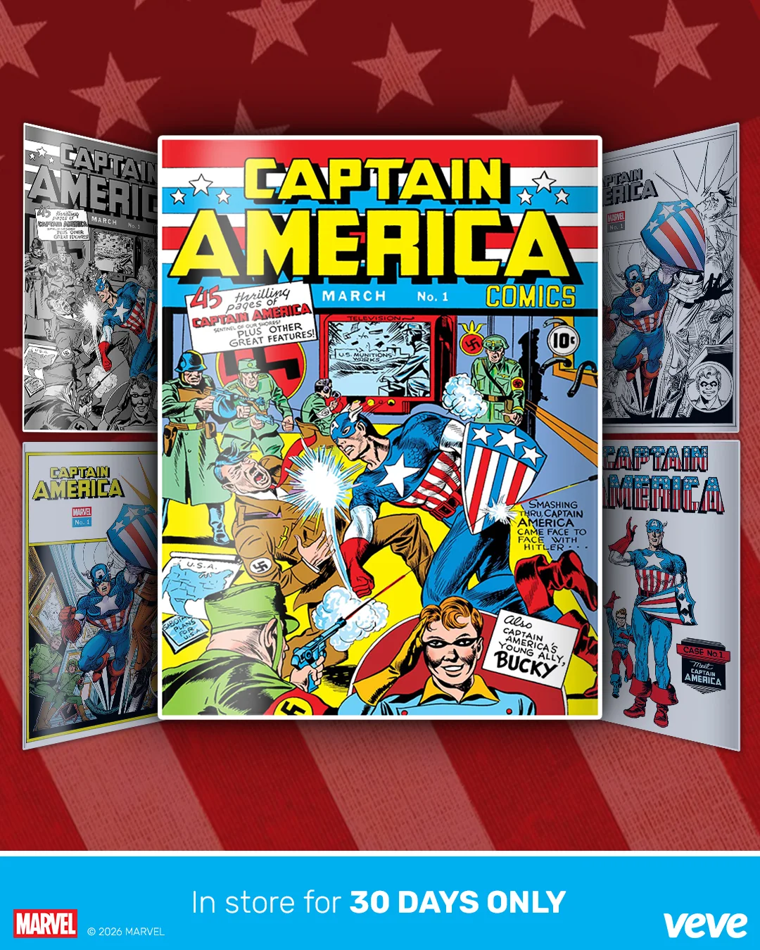 Captain America Comics (1941) #1 auf VeVe, umgeben von vier weiteren Cover-Varianten des digitalen Marvel-Comics.