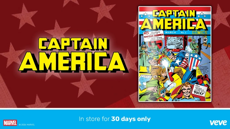 VeVe Drop visual for Captain America Comics (1941) #1, featuring the classic Marvel cover against a red star background.