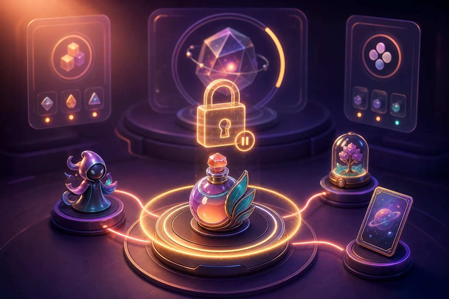 Glowing lock above a vial collectible, surrounded by a figure, card and miniature tree in VeVe Crafting.