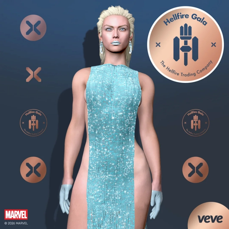 Marvel Hellfire Gala Emma Frost als digitales VeVe Collectible im hellblauen, schimmernden Gala-Look.