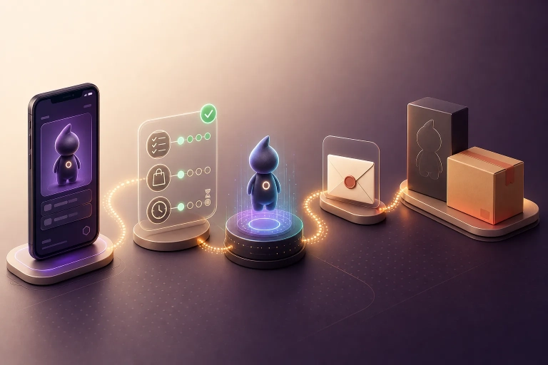 Smartphone, Prüftafel und digitale Figur führen über einen Claim-Umschlag zu Sammlerbox und Versandpaket.