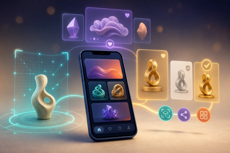 Smartphone mit abstrakter Collectibles-App, AR-Skulptur, Empfehlungskarten und Symbolen für Kauf und Teilen