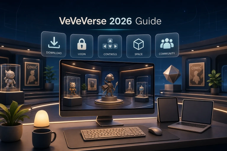 Desktop-Arbeitsplatz mit virtuellem Showroom, Collectibles, Controls-Icons und VeVeVerse-2026-Guide-Label