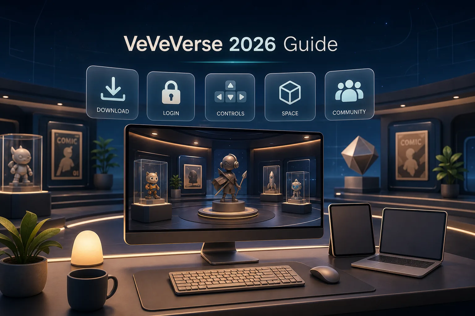 Desktop-Arbeitsplatz mit virtuellem Showroom, Collectibles, Controls-Icons und VeVeVerse-2026-Guide-Label