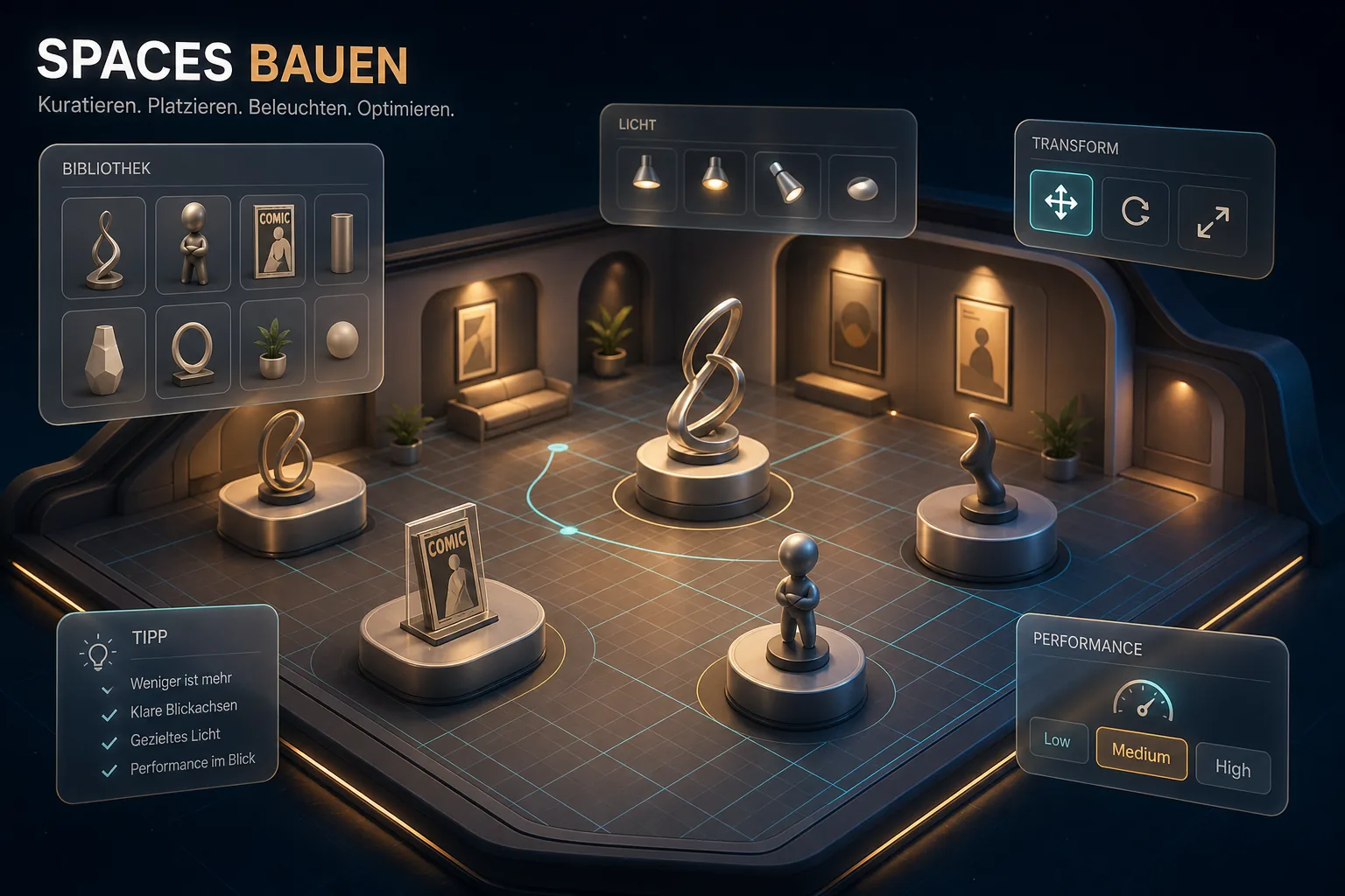 Virtueller Showroom-Grundriss mit Podesten, Lichtquellen, Bibliothek-Kachel und Performance-Badge
