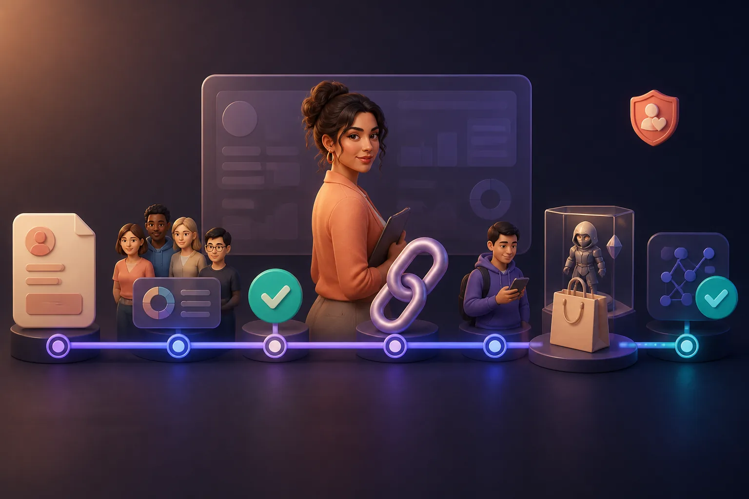 3D-Workflow mit Bewerbungskarte, Community, Creatorin, Kettenglied, neuem Nutzer, Einkaufstasche und Prüfhäkchen