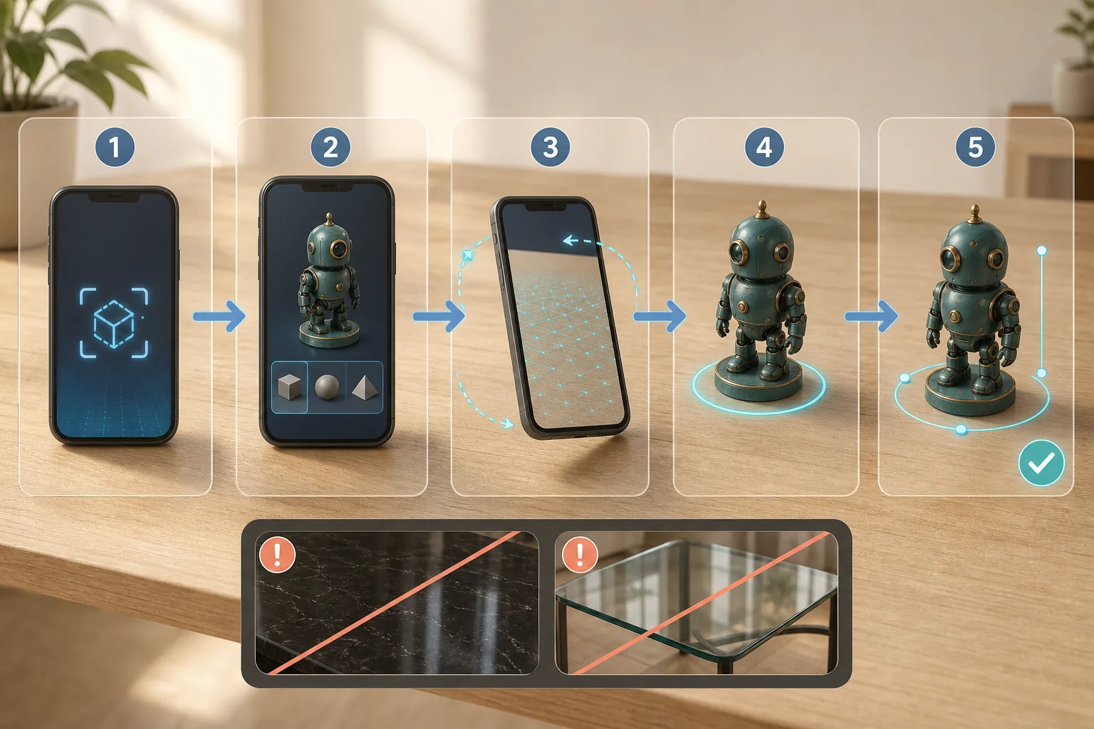 Fünfstufige AR-Grafik: Modus öffnen, Roboter wählen, Tisch scannen, platzieren und skalieren.