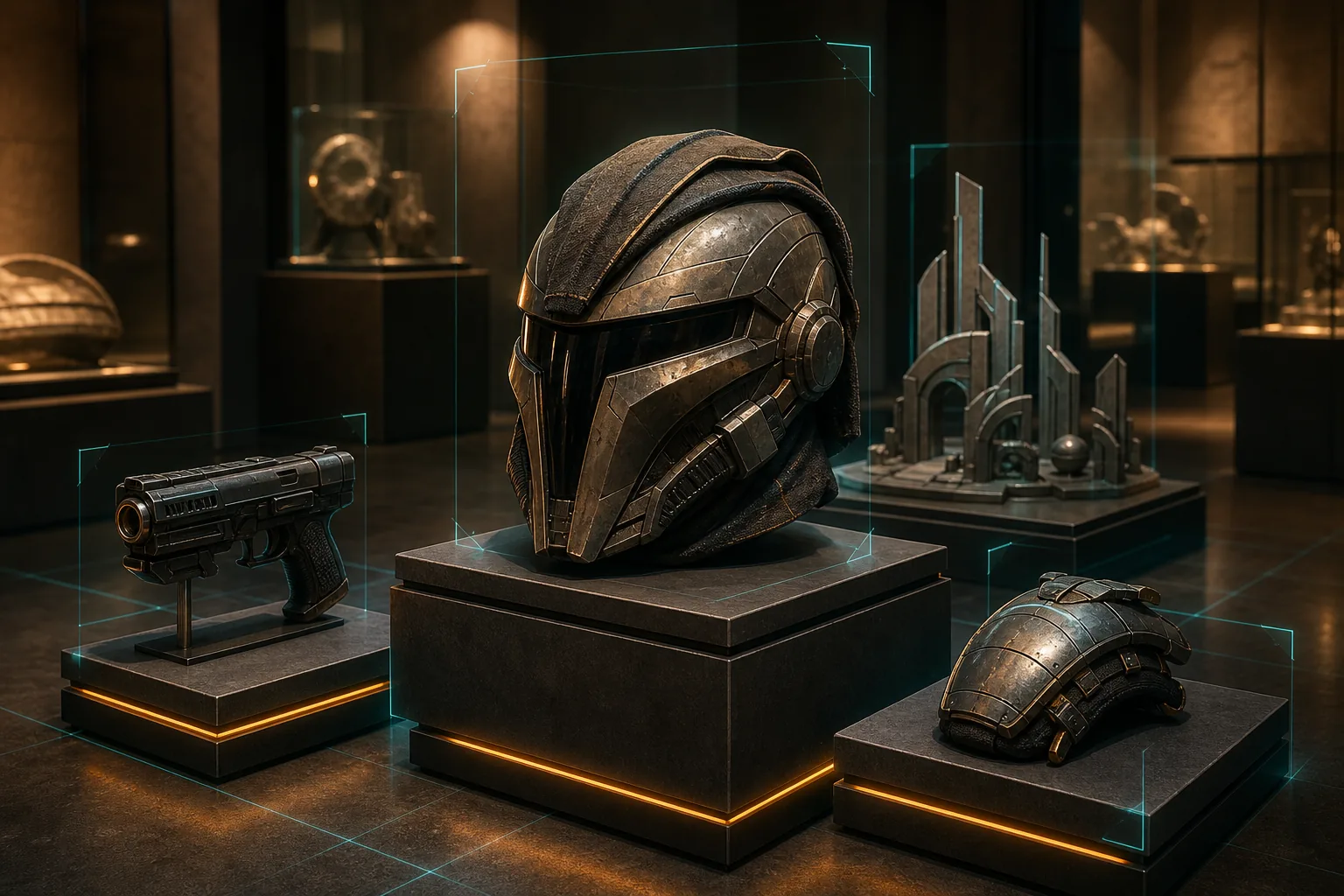 Futuristischer Helm, Blaster, Rüstungsteil und Architekturmodell auf Podesten mit digitalen Scanlinien bei VeVe