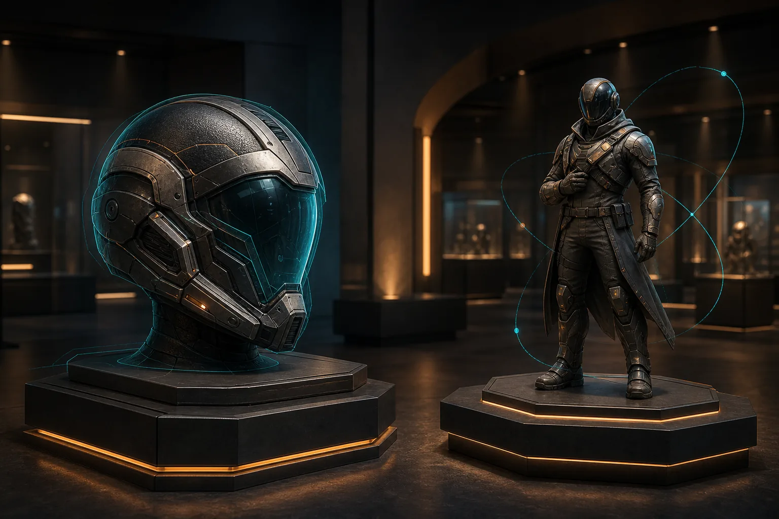Digitaler Sci-Fi-Helm und gepanzerte Ganzkörperfigur auf getrennten Podesten mit türkisfarbenen Scanlinien
