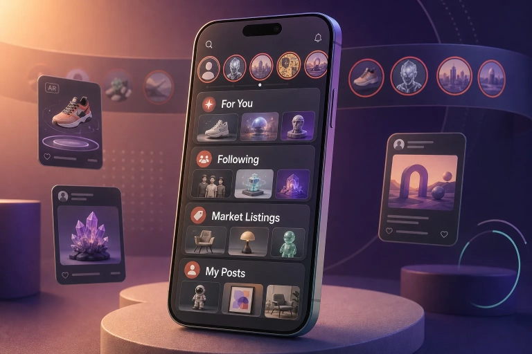 Smartphone mit Stories-Leiste und den Feed-Bereichen For You, Following, Market Listings und My Posts in einer 3D-Szene