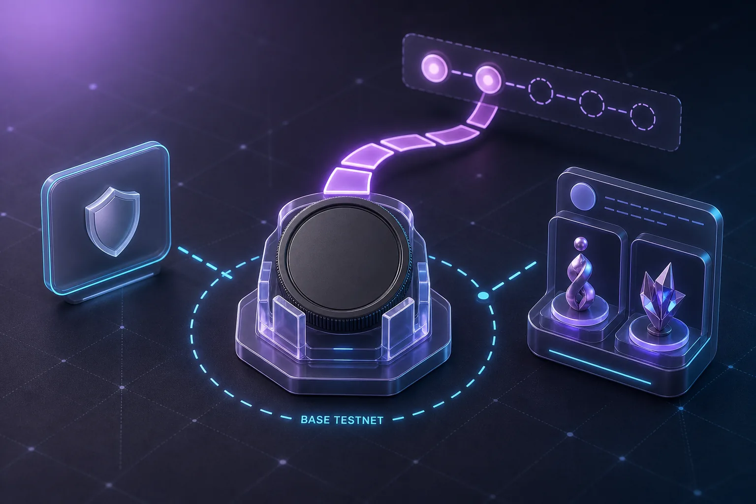 Dunkler Token-Chip im Staking-Dock, verbunden mit Schutzschild, Collectibles und leuchtendem XP-Pfad im Base Testnet.
