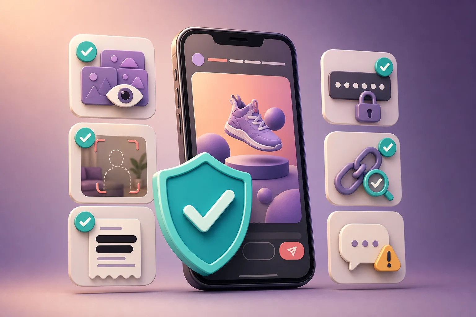 Smartphone mit Story-Entwurf, großem Schutzschild und Prüfsymbolen für Sichtbarkeit, Daten, Links und Nachrichten