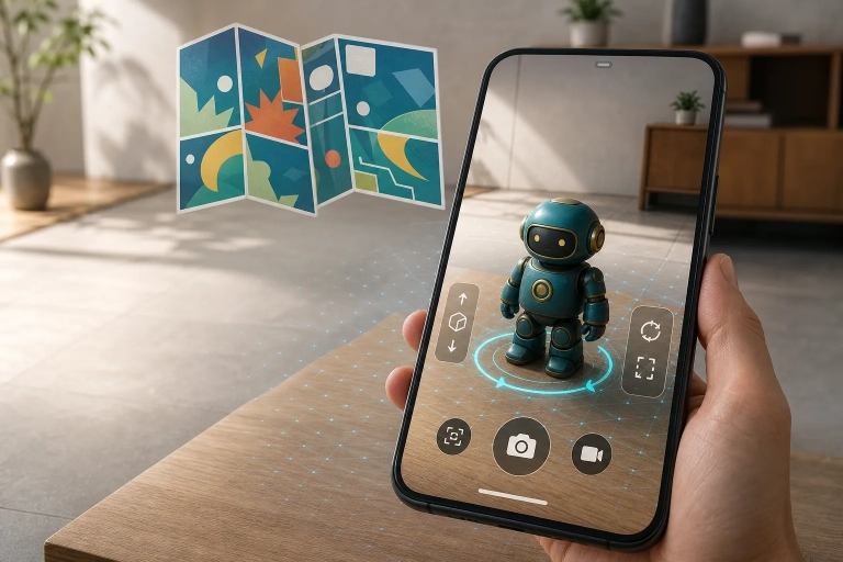 Hand hält ein Smartphone mit AR-Ansicht eines Roboters auf einem Holztisch sowie Kamera-, Video- und Drehreglern.
