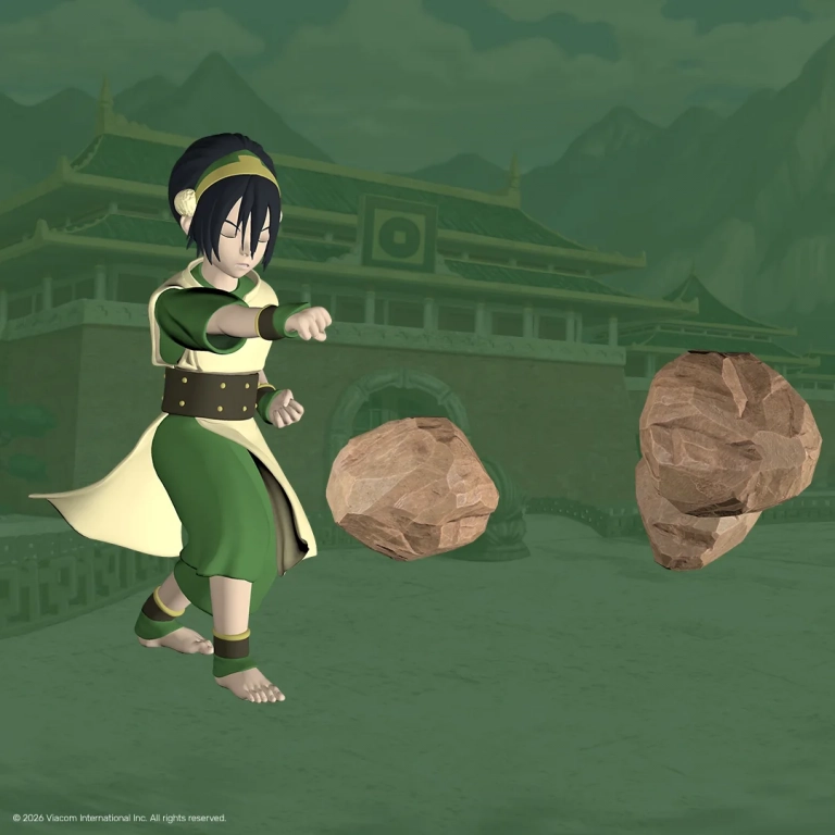 Toph aus Avatar: Der Herr der Elemente zeigt als digitales VeVe Collectible ihre Erdbändiger-Fähigkeiten mit schwebenden Felsen.