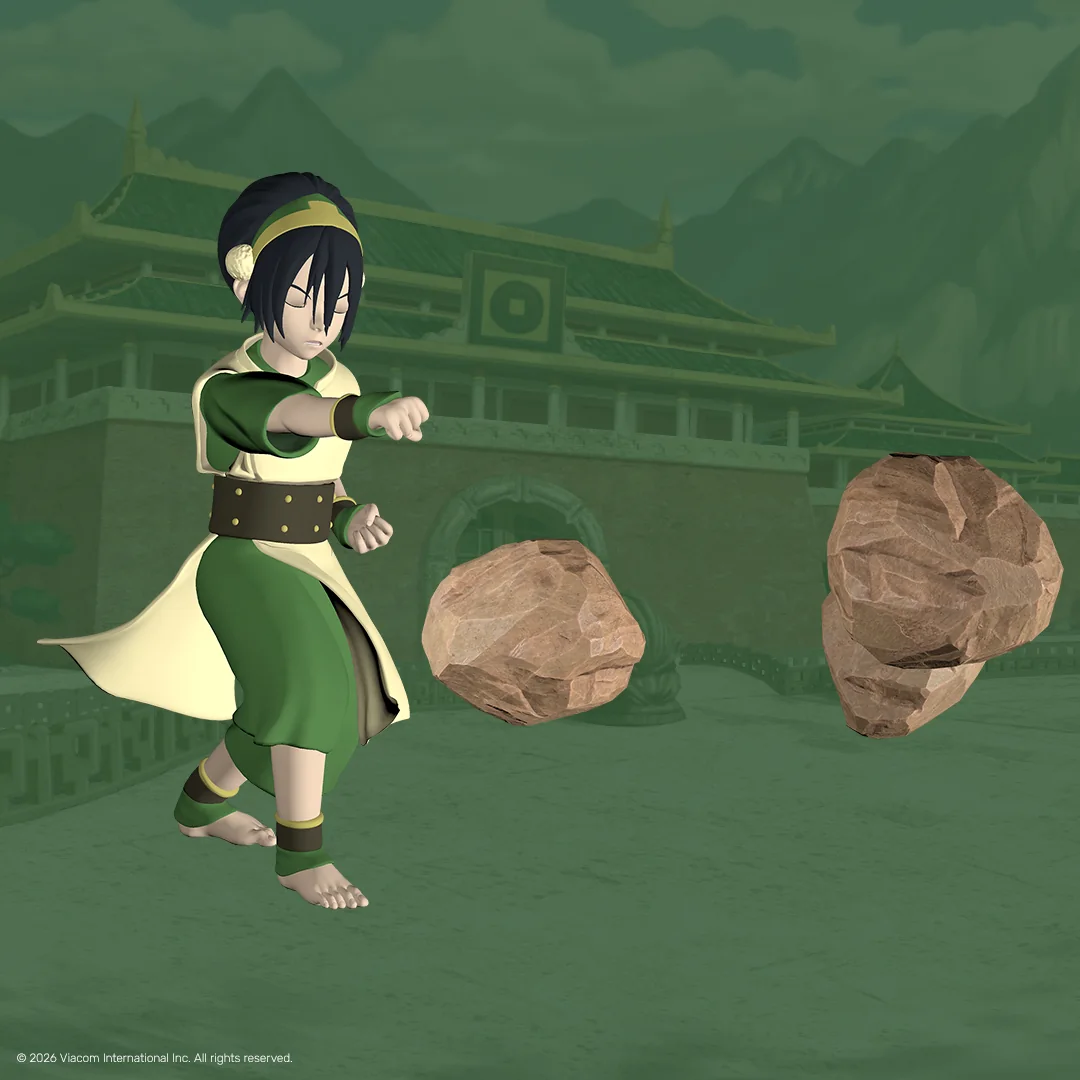 Toph aus Avatar: Der Herr der Elemente zeigt als digitales VeVe Collectible ihre Erdbändiger-Fähigkeiten mit schwebenden Felsen.