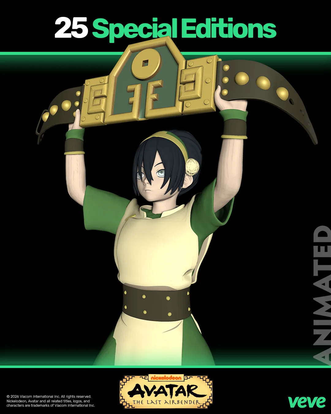 VeVe Promo-Grafik mit Toph aus Avatar, die einen Gürtel über dem Kopf hält, sowie dem Hinweis auf 25 Special Editions.