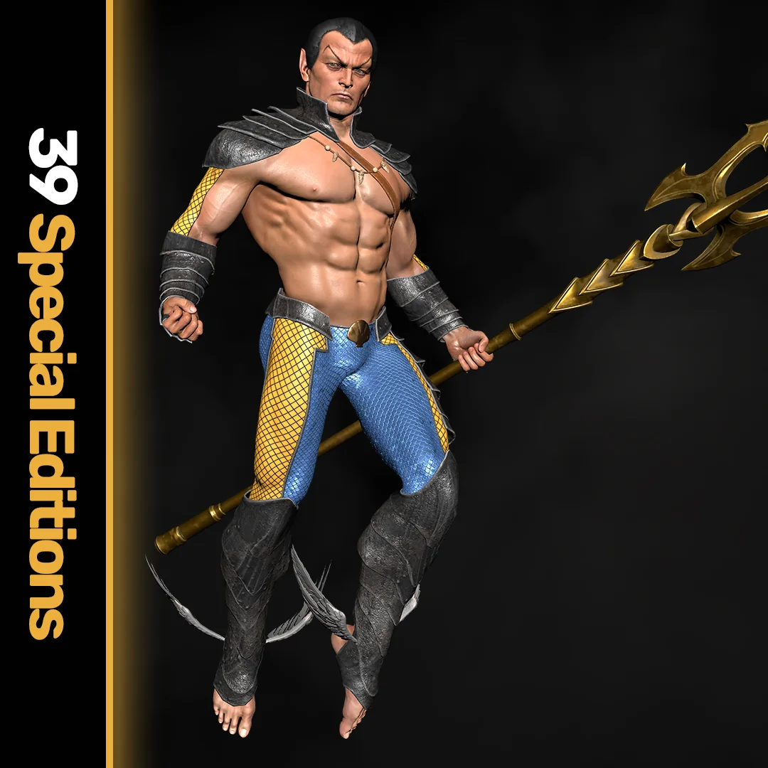 Digitales VeVe Collectible Namor – Avengers 2018 in blau-gelber Rüstung mit goldenem Dreizack auf schwarzem Grund.