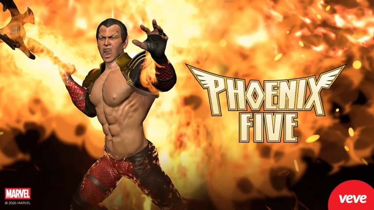 Marvels Namor als Mitglied der Phoenix Five vor einem flammenden Hintergrund mit VeVe- und Marvel-Logo.