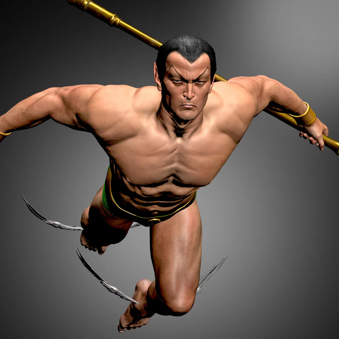 Namor als digitales VeVe Collectible im klassischen Sub-Mariner-Look von 1988, fliegend mit goldenem Dreizack.