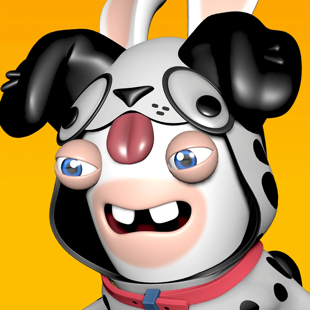 Nahaufnahme eines Rabbids im schwarz-weißen Hundekostüm mit Schlappohren und rotem Halsband auf orangefarbenem Grund.