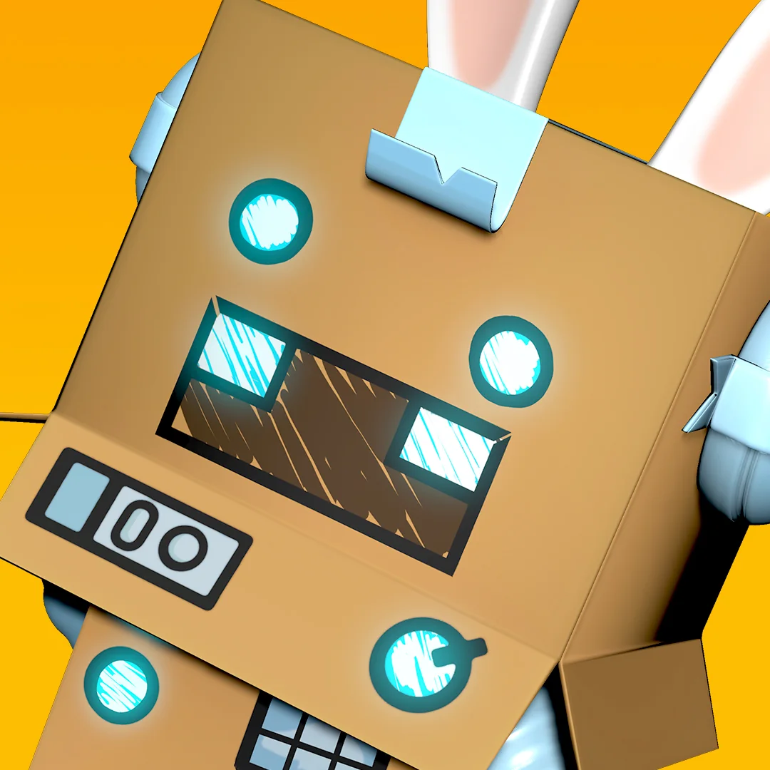 Nahaufnahme eines Rabbids im kantigen Kartonroboter-Kostüm mit leuchtenden blauen Details vor orangefarbenem Hintergrund.
