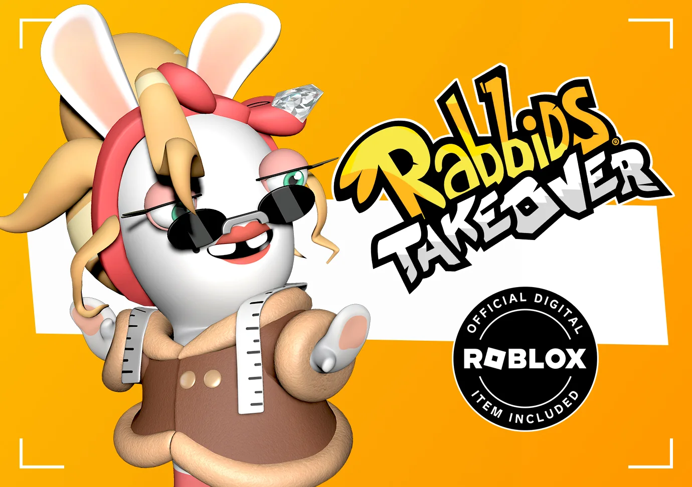 Key Visual zu VeVe Roblox Rabbids: Takeover mit modischem Rabbid, Logo und Hinweis auf ein digitales Roblox-Item.