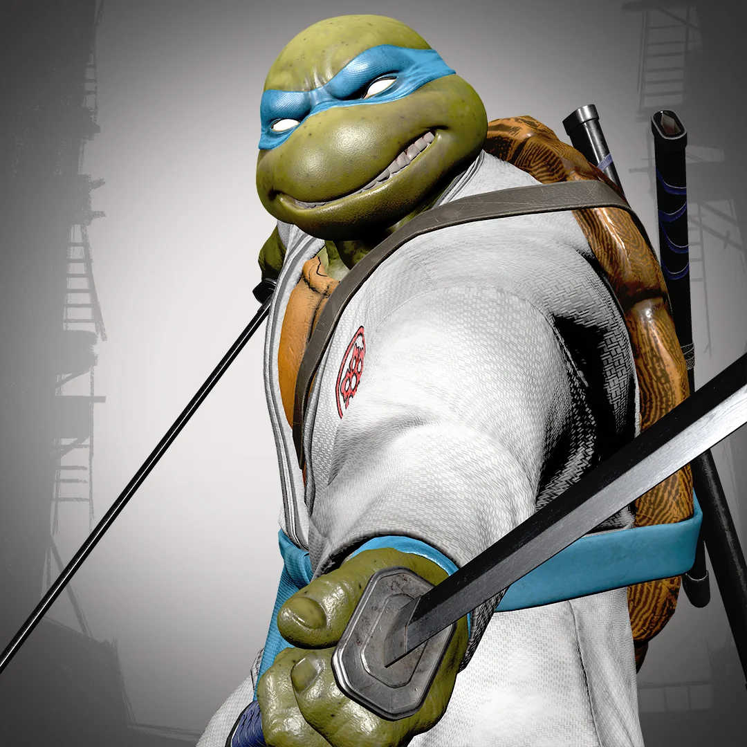 Leonardo trägt einen weißen Dojo-Gi und eine blaue Maske und richtet eines seiner Katanas nach vorn.
