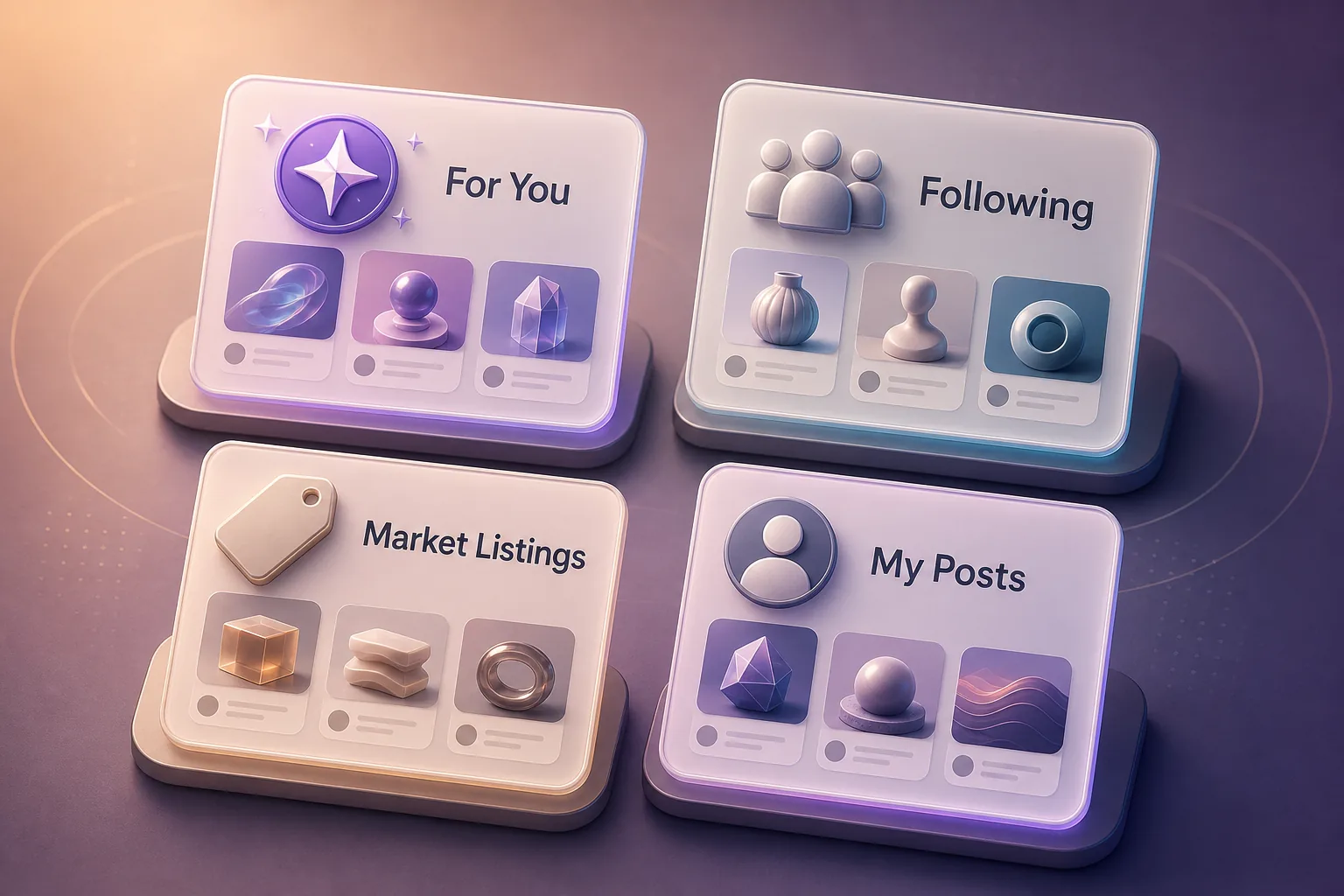 Vier 3D-Karten mit den Feed-Bereichen For You, Following, Market Listings und My Posts samt Symbolen und Miniaturen