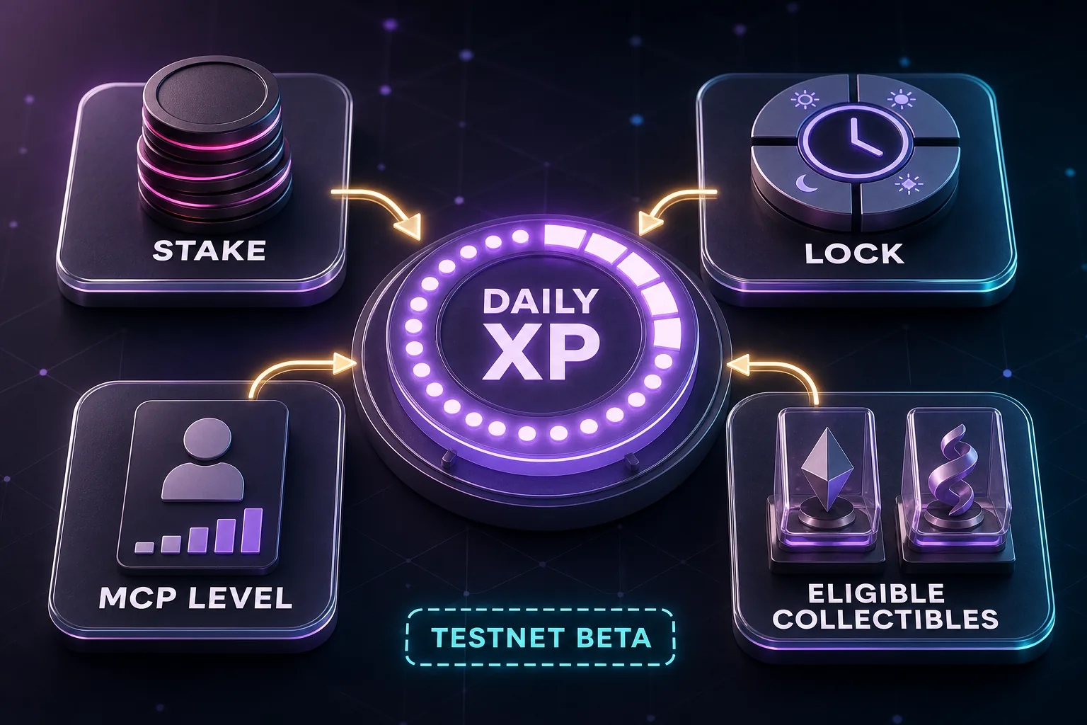Vier Karten für Stake, Lock, MCP-Level und Collectibles führen mit Pfeilen zu einem leuchtenden Daily-XP-Ring.