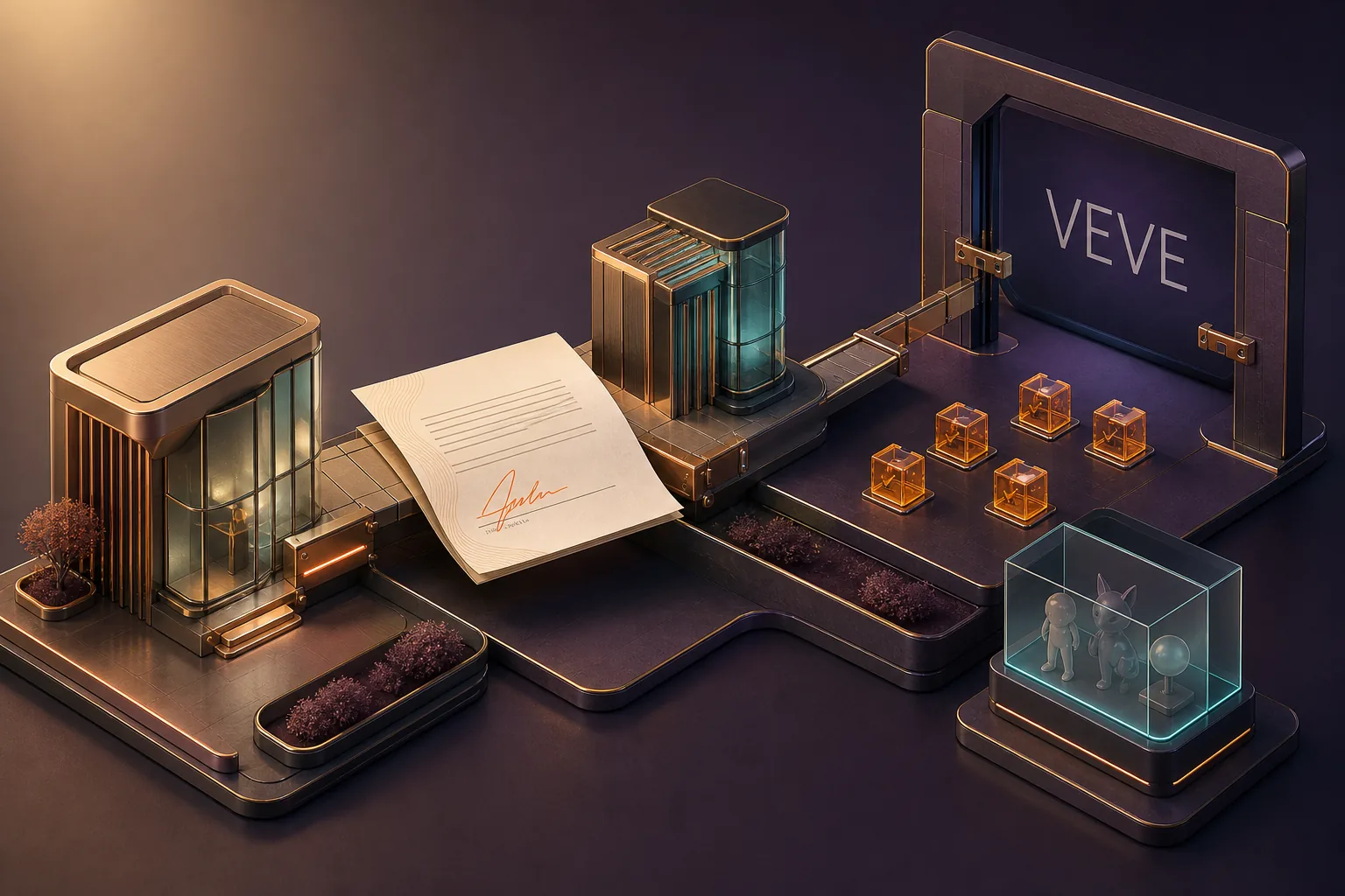 3D-Illustration mit signiertem Vertrag, modularer Brücke, VEVE-Tafel, orangefarbenen Prüfsteinen und Figurenvitrine
