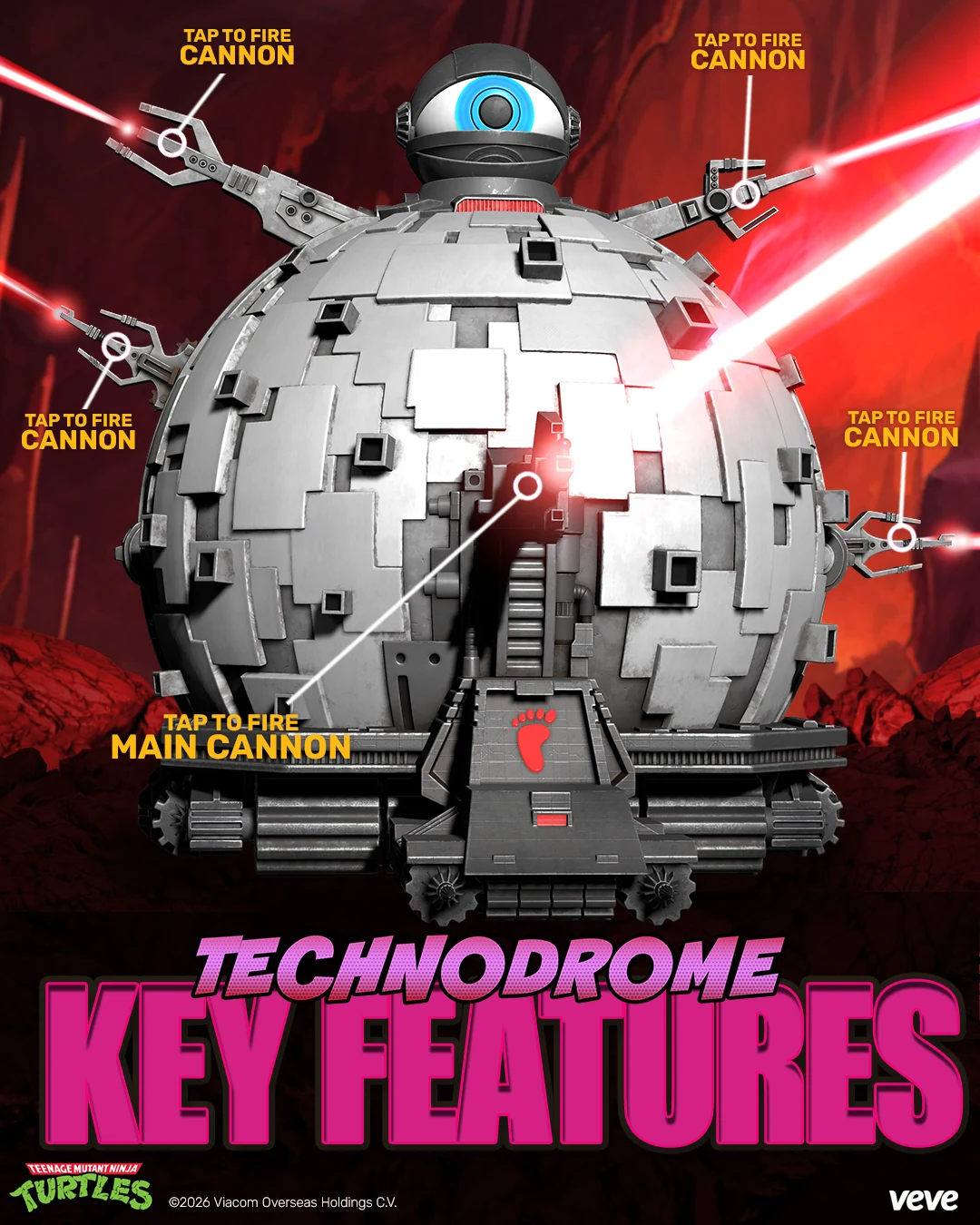 Offizielle Technodrome-Grafik mit Markierungen für die Hauptkanone und vier weitere Kanonen zum Antippen und Abfeuern.