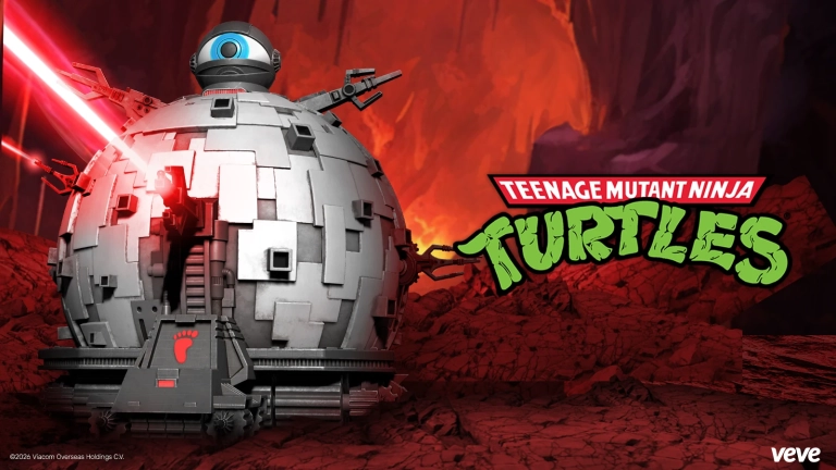 TMNT Technodrome mit blauem mechanischem Auge, Kettenfahrwerk und feuernder Laserkanone vor einer roten Höhlenkulisse.