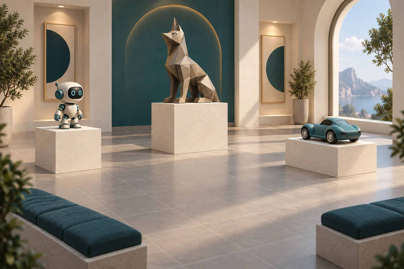 Concept illustration of a robot, angular animal sculpture and toy car on separated plinths in a gallery.