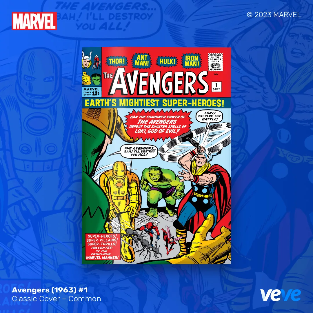 Klassisches Avengers-Cover Nummer 1 mit Thor, Iron Man, Hulk, Ant-Man und Wasp.