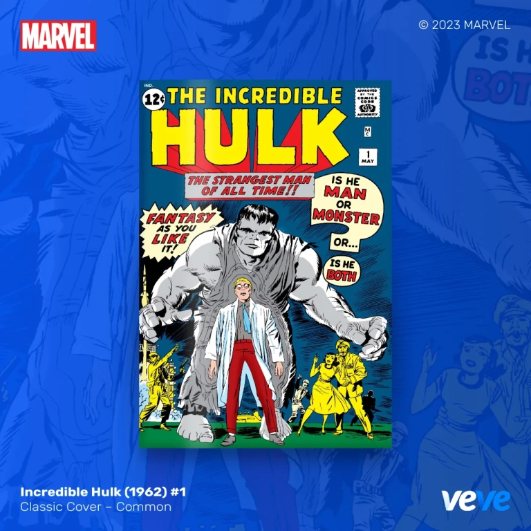 Klassisches Cover von Incredible Hulk Nummer 1 mit grauem Hulk hinter Bruce Banner.